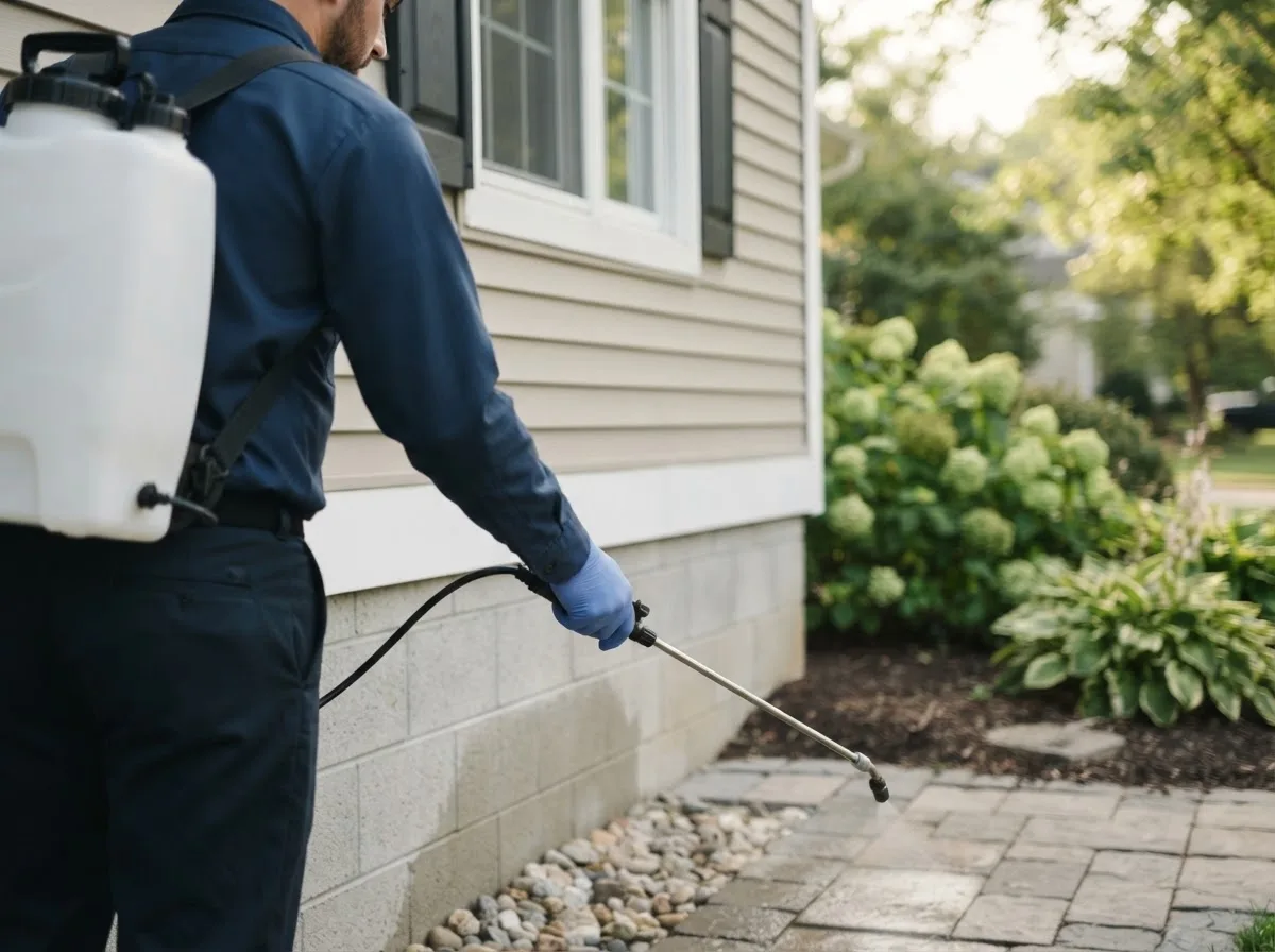 Pest control technician inspecting a home in Twining, MI